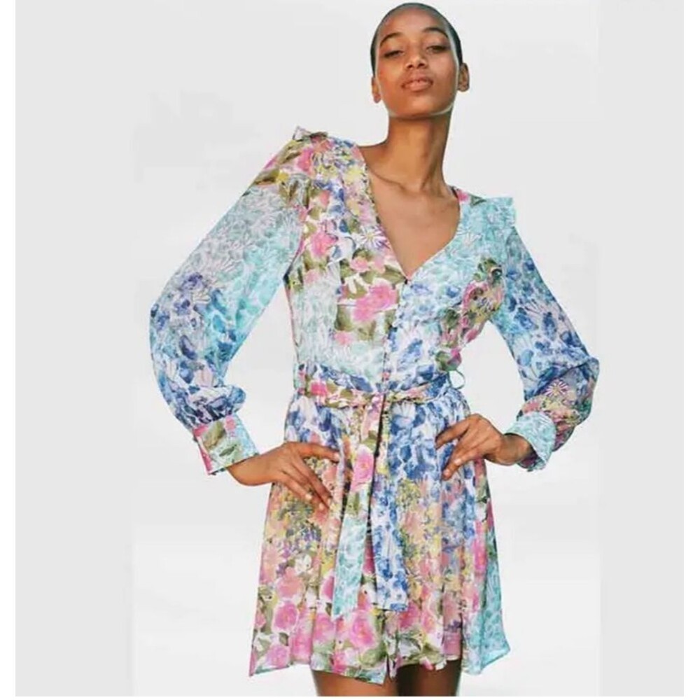 ZARA Floral Mini Dress Size L – Sheer Ruffle V-Neck Tie Waist